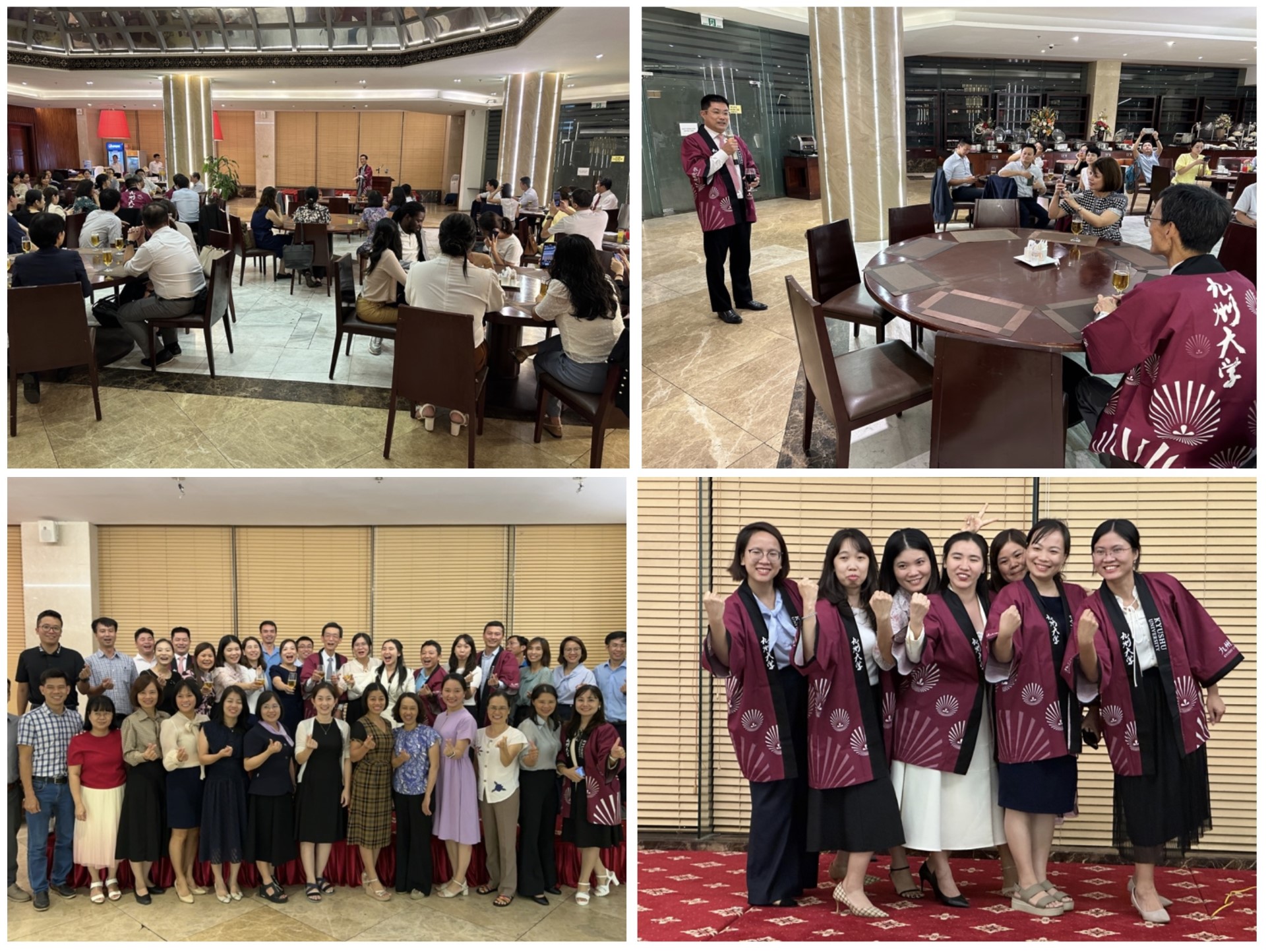 写真6.交流会の様子（左上：会場の様子，右上：ファン・チュン・ギア書記長による乾杯の挨拶，左下：ベトナム人同窓生の集合写真，右下：九州大学法被を着て集合写真をしたベトナム人同窓生たち