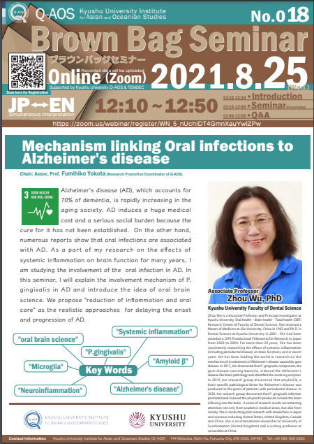 Kyusyu University Institute for Asian and Oceanian Studies (Q-AOS) Brown Bag Seminar Series The 18th Seminar「Mechanism linking Oral infections to Alzheimer's disease」