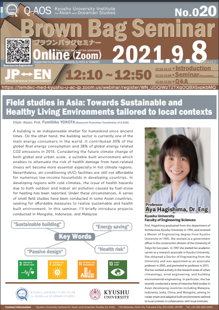 Kyusyu University Institute for Asian and Oceanian Studies (Q-AOS) Brown Bag Seminar Series The 20th Seminar「Field studies in Asia: Towards Sustainable and Healthy Living Environments tailored to local contexts」
