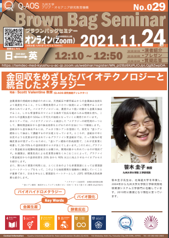 Kyusyu University Institute for Asian and Oceanian Studies (Q-AOS) Brown Bag Seminar Series The 29th Seminar「Metallurgy integrated with biotechnology for gold recovery」
